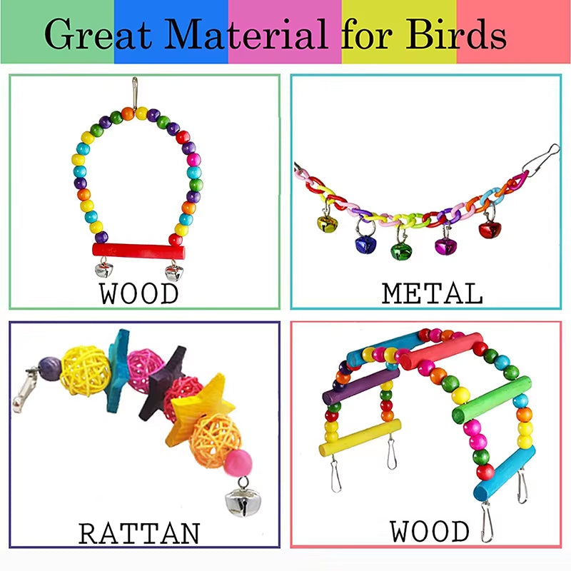 7Pcs Pack Wood Parrot Toys Bird Toy Cage Bird Accessories Swing Suspension Bridge Ball Cage Bells Pet Supplies Set