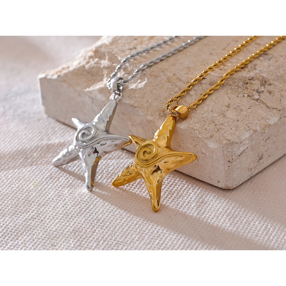 316L Stainless Steel Starfish Pendant Necklace Rust Proof Statement 18K Gold PVD Plated Individualistic Holiday Jewelry