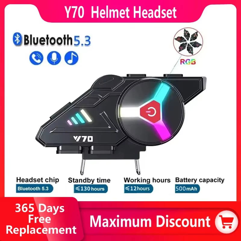Bluetooth 5.3 Helmet Earphone Y70 Rgb Light Motorcycle Ipx6 Waterproof Support for Connecting Two Phones Simultaneously