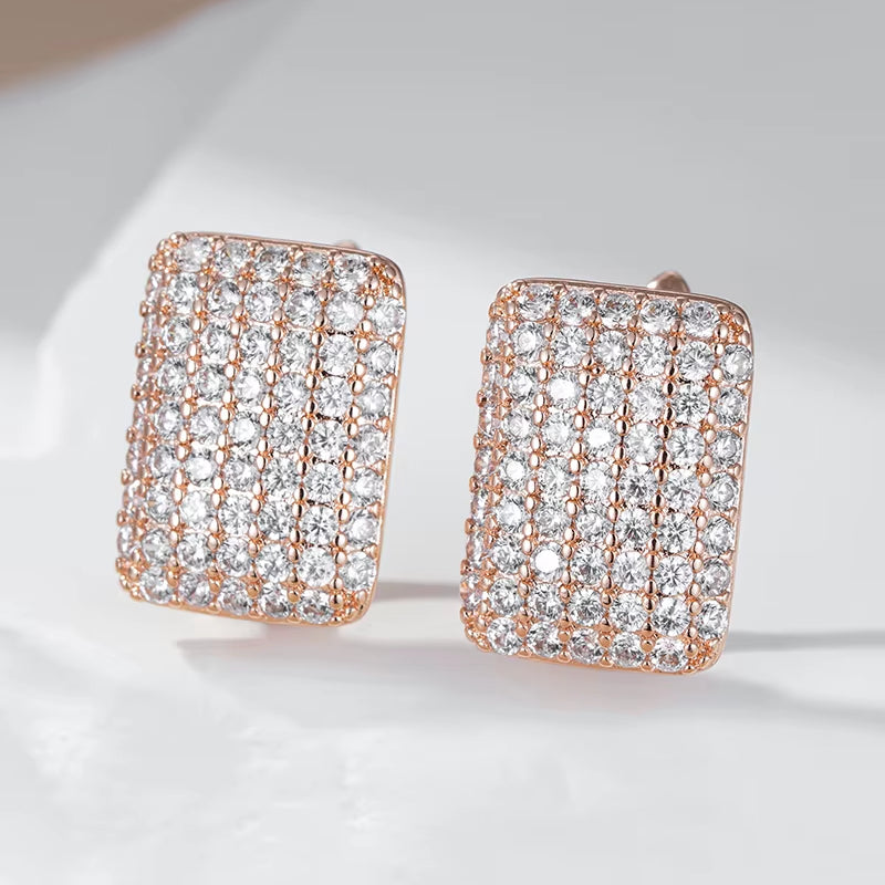 Hot Full Natural Zircon Square English Earrings for Women Fashion 585 Rose Gold Color High Quality Daily Fine Jewelry