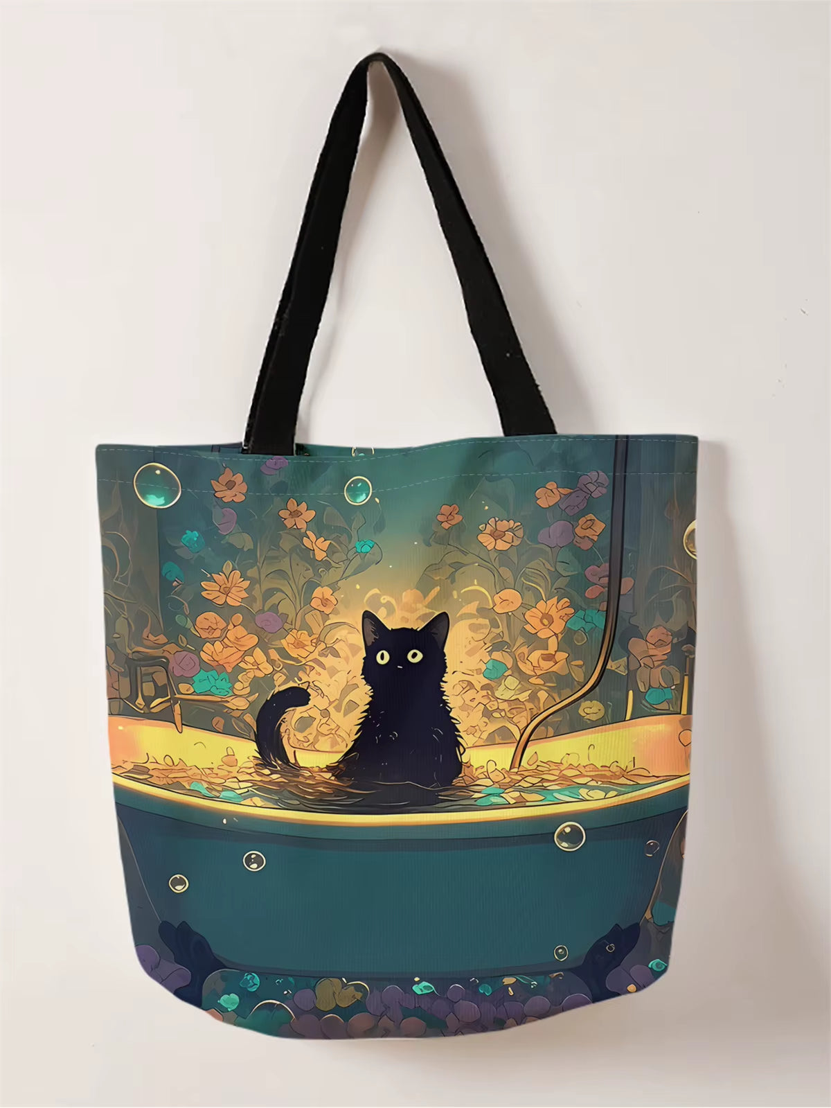 1Pc,Illustrated Black Cat Tote Bag, Reusable Fashion Tote Bag, Multi-Functional Tote Bag, Printed Canvas Shopping Bag