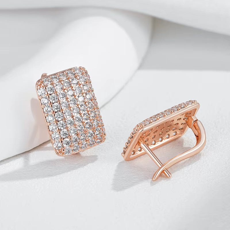 Hot Full Natural Zircon Square English Earrings for Women Fashion 585 Rose Gold Color High Quality Daily Fine Jewelry