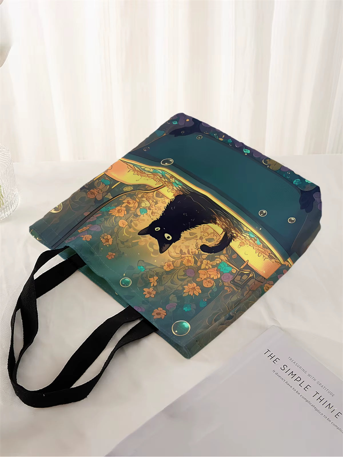 1Pc,Illustrated Black Cat Tote Bag, Reusable Fashion Tote Bag, Multi-Functional Tote Bag, Printed Canvas Shopping Bag