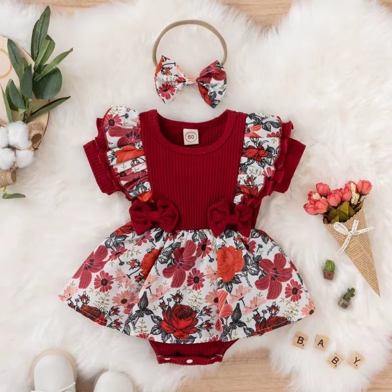 Summer Baby Girl Dress with Bowknot Striped Jumpsuit Cotton Dress for Newborn Floral Clothes Baby Crawling Clothes