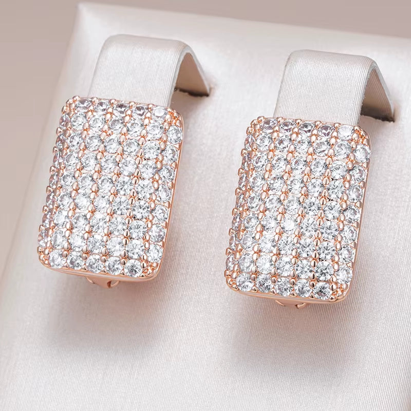 Hot Full Natural Zircon Square English Earrings for Women Fashion 585 Rose Gold Color High Quality Daily Fine Jewelry