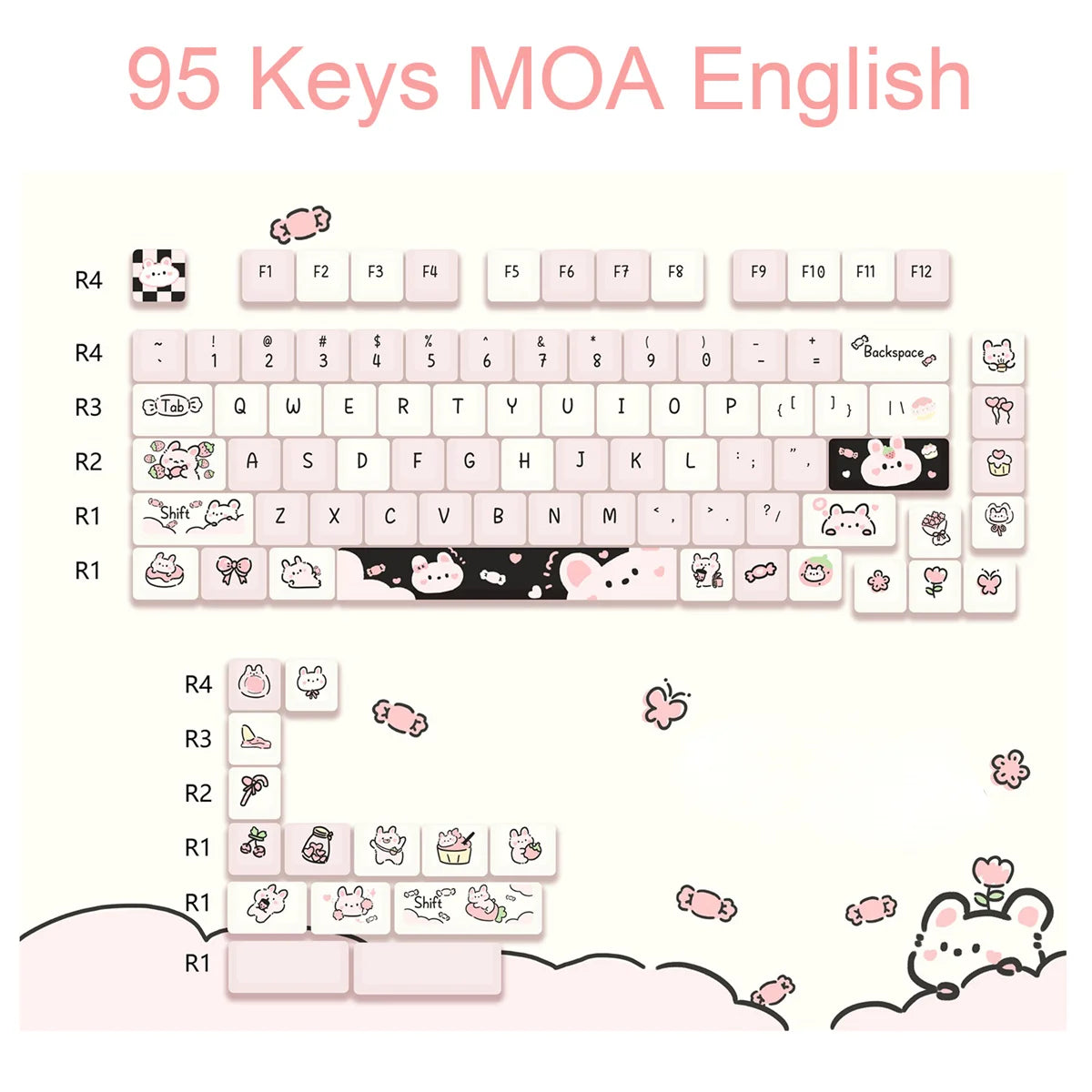 95 Keys Artoon Cute Puppy Cat Kitty Keycaps GMK PBT Keycap MOA Profile Dye Sublimation for DIY Mechanical Keyboard Girls Gift