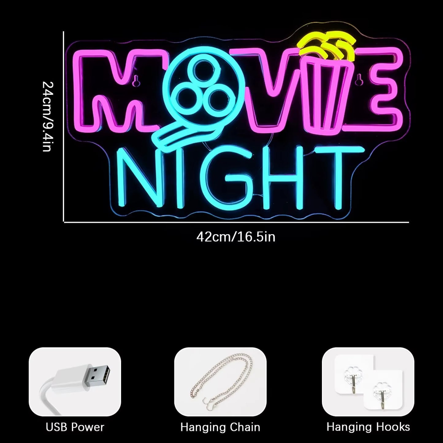 Movie Night Neon Sign LED Neon Light Sign USB Powered for Game Room Man Cave Club Bar Shop Wall Birthday Party Decor Gifts