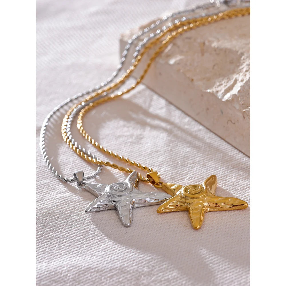316L Stainless Steel Starfish Pendant Necklace Rust Proof Statement 18K Gold PVD Plated Individualistic Holiday Jewelry