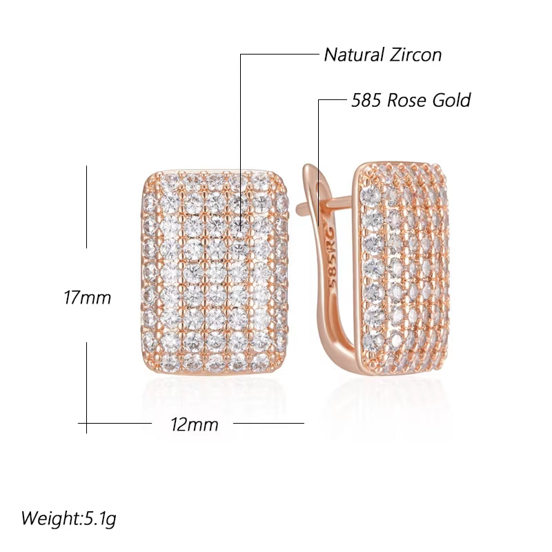 Hot Full Natural Zircon Square English Earrings for Women Fashion 585 Rose Gold Color High Quality Daily Fine Jewelry
