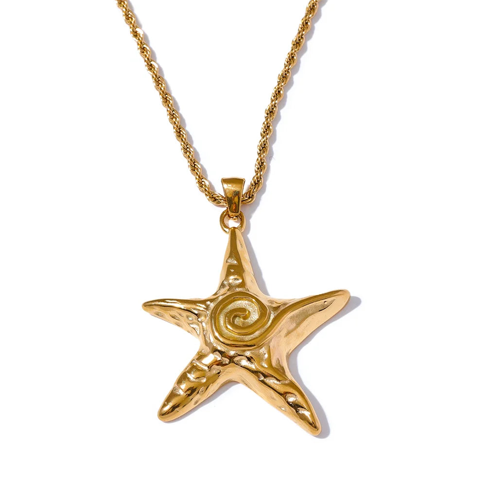 316L Stainless Steel Starfish Pendant Necklace Rust Proof Statement 18K Gold PVD Plated Individualistic Holiday Jewelry