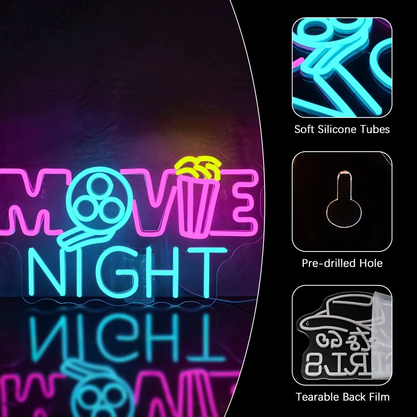 Movie Night Neon Sign LED Neon Light Sign USB Powered for Game Room Man Cave Club Bar Shop Wall Birthday Party Decor Gifts