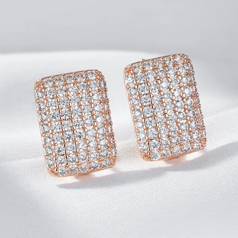 Hot Full Natural Zircon Square English Earrings for Women Fashion 585 Rose Gold Color High Quality Daily Fine Jewelry