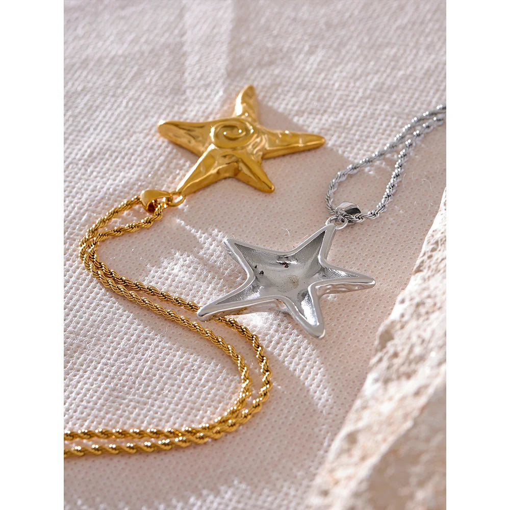 316L Stainless Steel Starfish Pendant Necklace Rust Proof Statement 18K Gold PVD Plated Individualistic Holiday Jewelry
