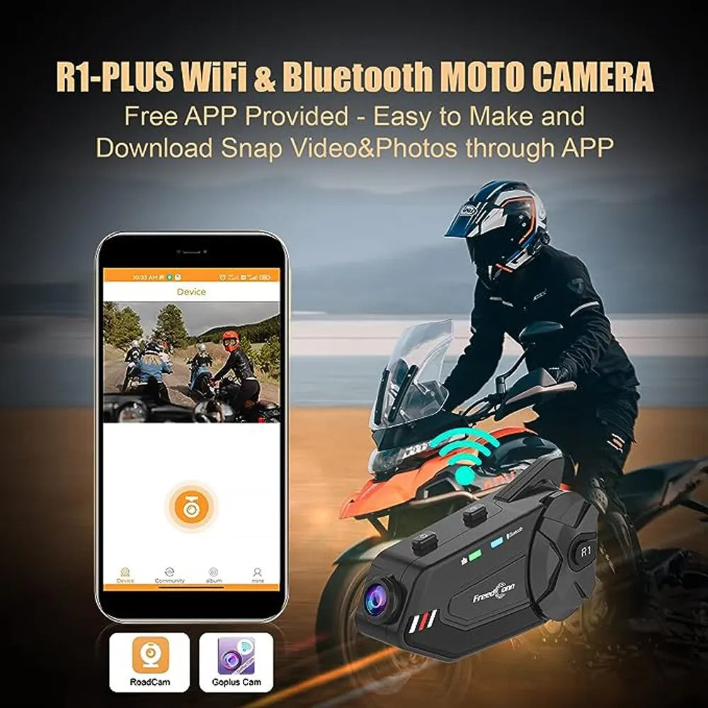 R1 plus Motorcycle Intercom Helmet Dash Cam Bluetooth Headsets Handsfree Communicator Video Record 1080P Interphone