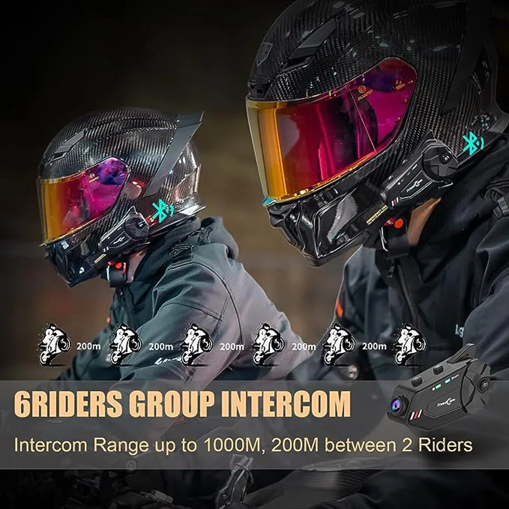 R1 plus Motorcycle Intercom Helmet Dash Cam Bluetooth Headsets Handsfree Communicator Video Record 1080P Interphone