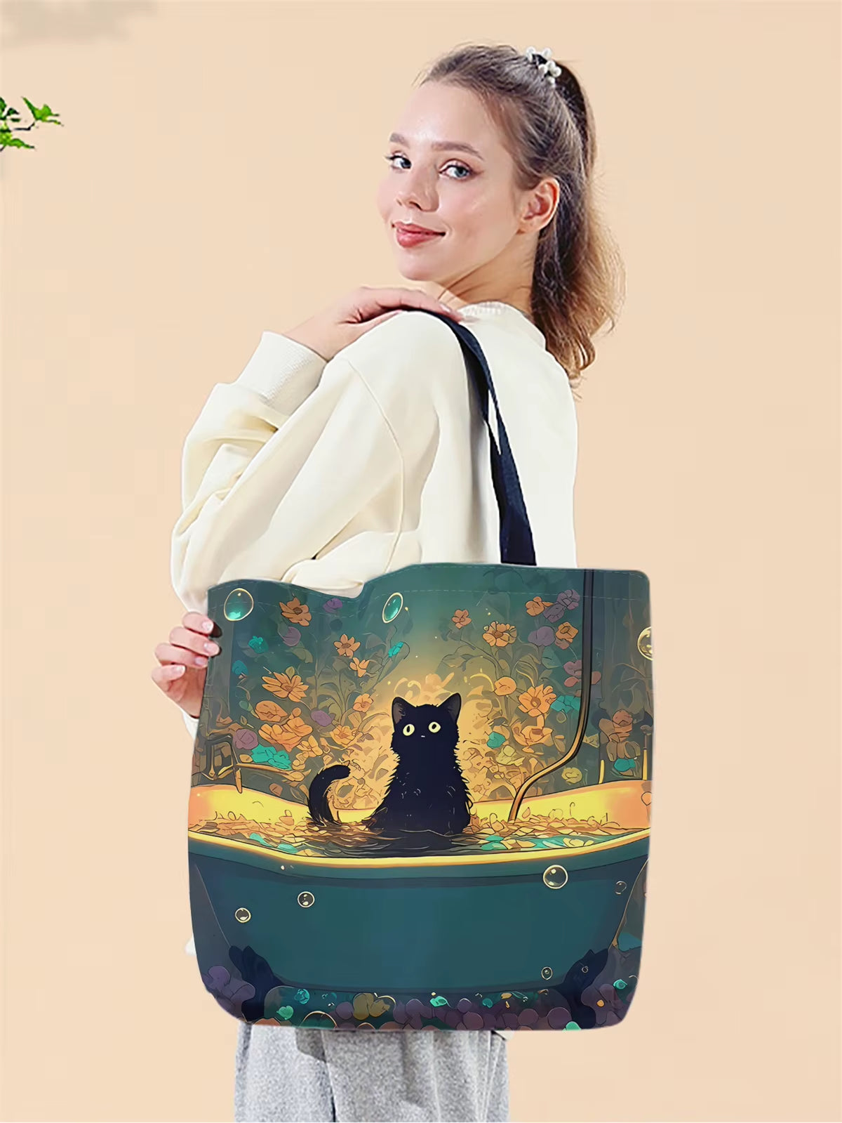 1Pc,Illustrated Black Cat Tote Bag, Reusable Fashion Tote Bag, Multi-Functional Tote Bag, Printed Canvas Shopping Bag