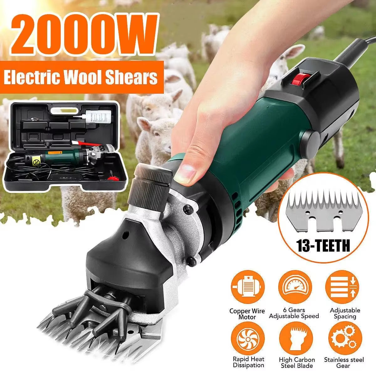 2000W 6 Speed 13 Teeth Electric Sheep Pet Hair Clipper Shearing Kit Shear Wool Cut Goat Pet Animal Shearing Supplies Farm Cut