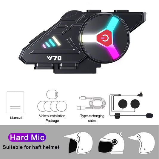 Bluetooth 5.3 Helmet Earphone Y70 Rgb Light Motorcycle Ipx6 Waterproof Support for Connecting Two Phones Simultaneously