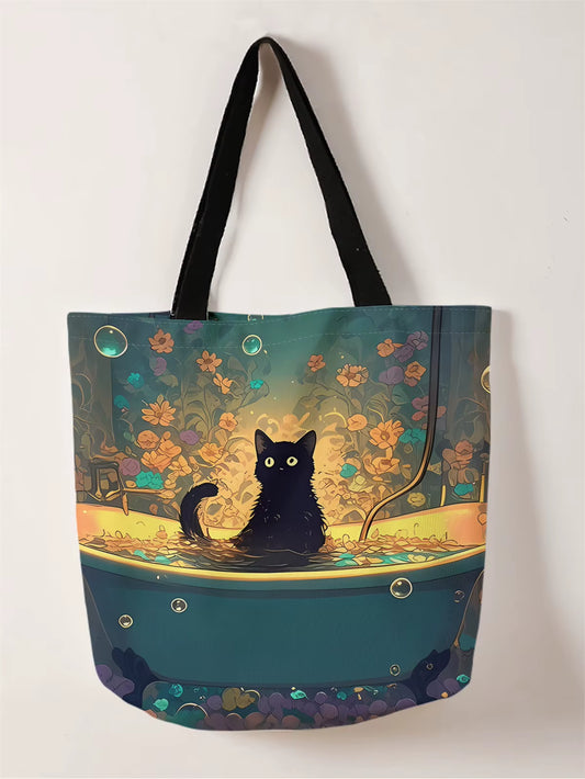 1Pc,Illustrated Black Cat Tote Bag, Reusable Fashion Tote Bag, Multi-Functional Tote Bag, Printed Canvas Shopping Bag