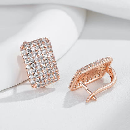 Hot Full Natural Zircon Square English Earrings for Women Fashion 585 Rose Gold Color High Quality Daily Fine Jewelry
