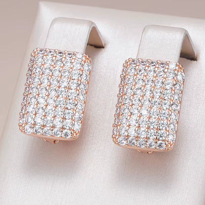 Hot Full Natural Zircon Square English Earrings for Women Fashion 585 Rose Gold Color High Quality Daily Fine Jewelry