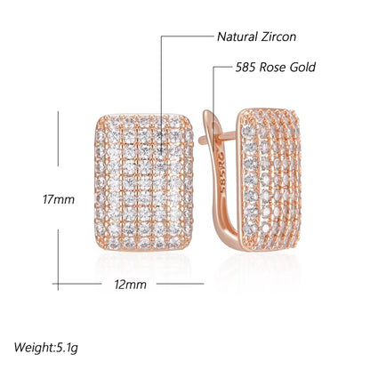 Hot Full Natural Zircon Square English Earrings for Women Fashion 585 Rose Gold Color High Quality Daily Fine Jewelry