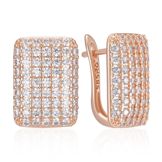 Hot Full Natural Zircon Square English Earrings for Women Fashion 585 Rose Gold Color High Quality Daily Fine Jewelry