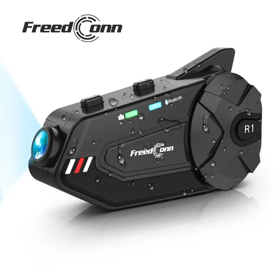 R1 plus Motorcycle Intercom Helmet Dash Cam Bluetooth Headsets Handsfree Communicator Video Record 1080P Interphone